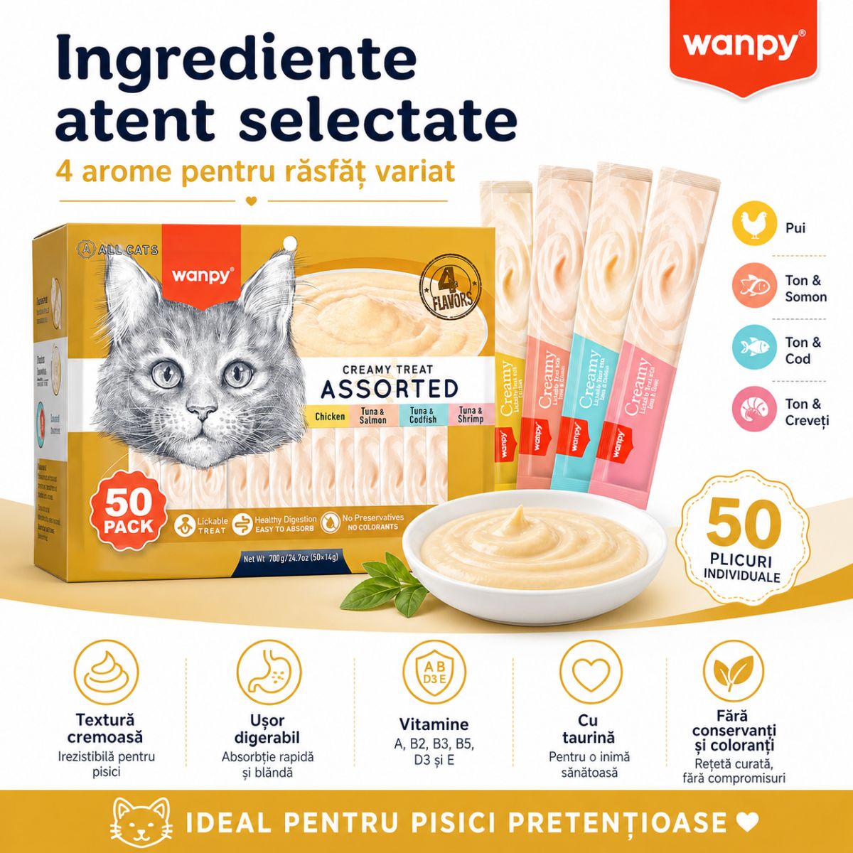WANPY Creamy Treat Assorted, Pui și Ton, punguță recompense pisici, (piure), 350g